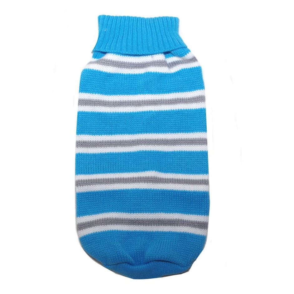 Blue and gray striped dog sweater on a white background