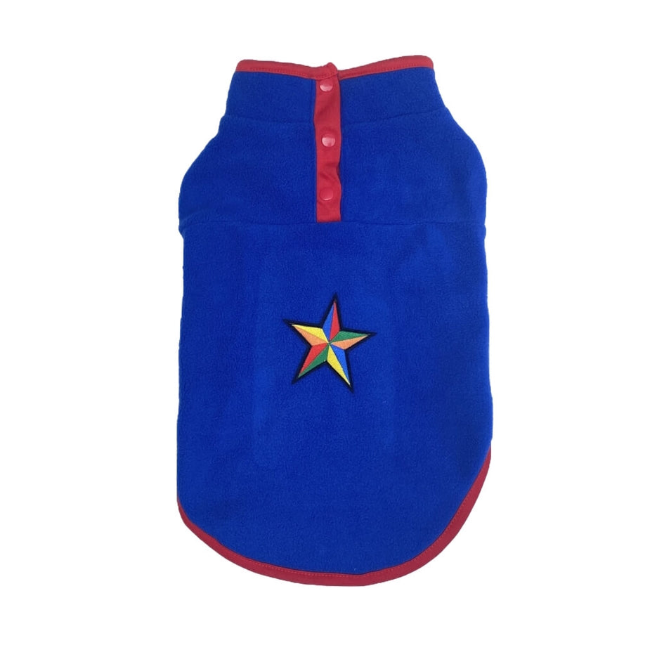 Blue dog sweater with a colorful star on a white background