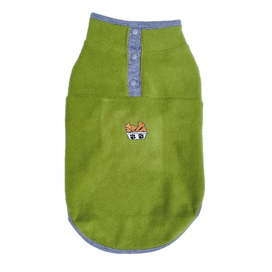 Green pet coat with gray trim on a white background