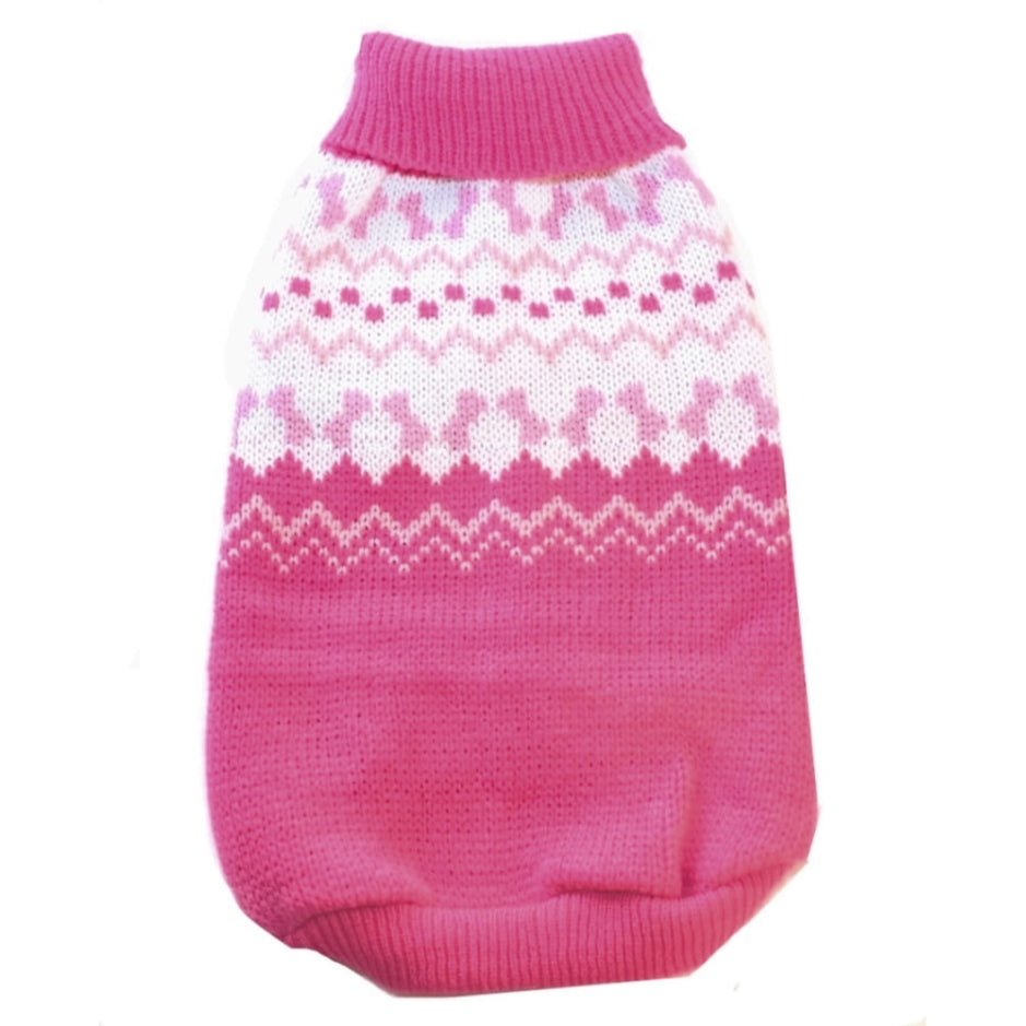 Pink knitted dog sweater with white pattern on a white background