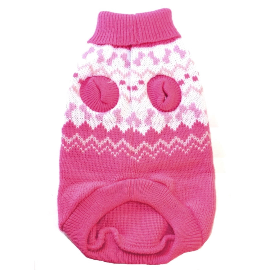 Pink and white knitted dog sweater with owl design on a white background