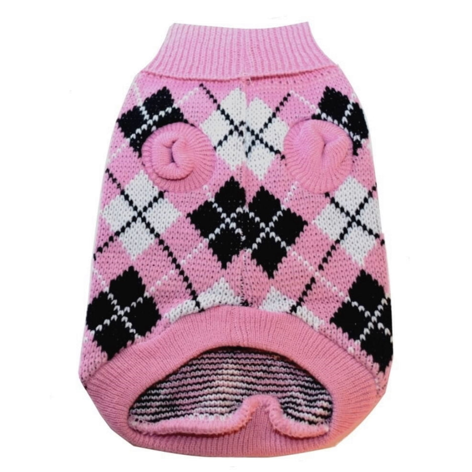 Pink argyle patterned dog sweater on a white background
