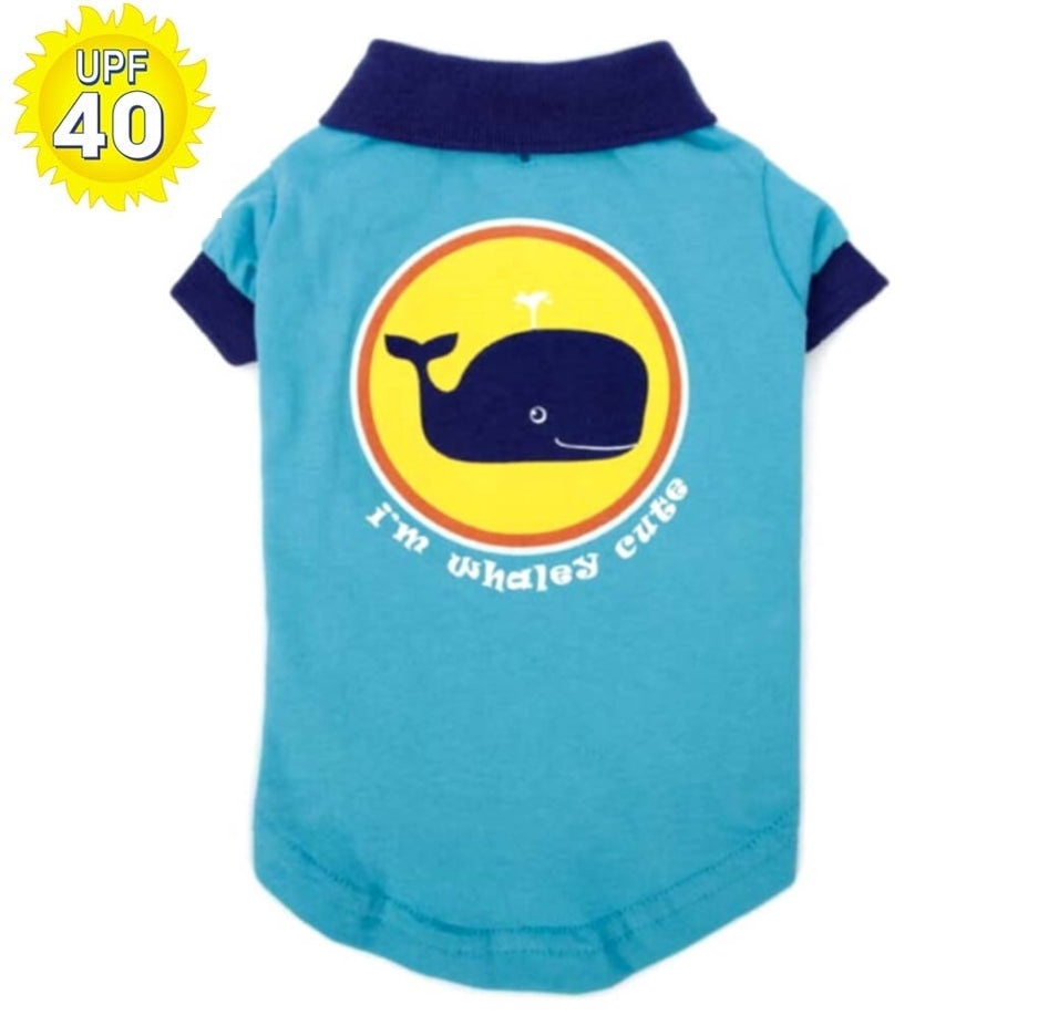 Blue pet shirt with whale design and 'I'm whaley cute' text on a white background