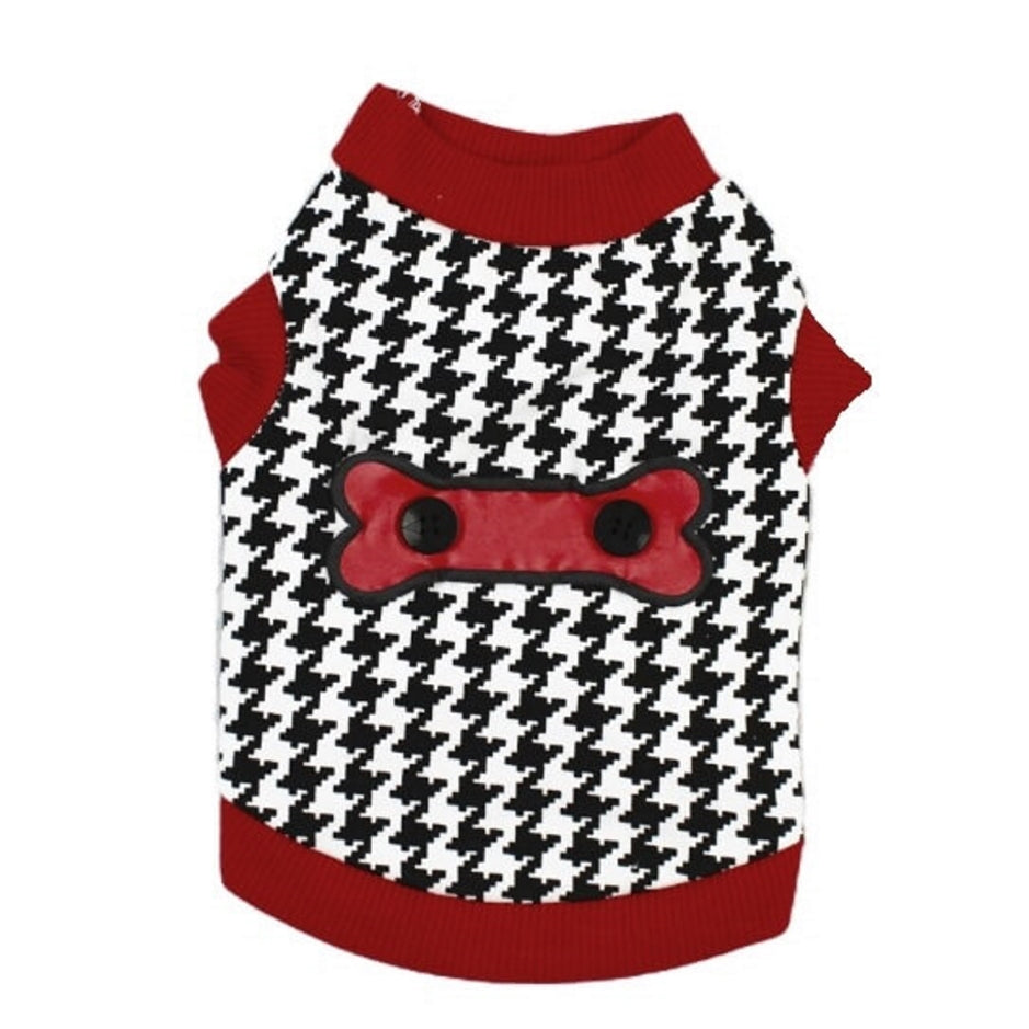 Dog sweater with houndstooth pattern and red accents on a white background