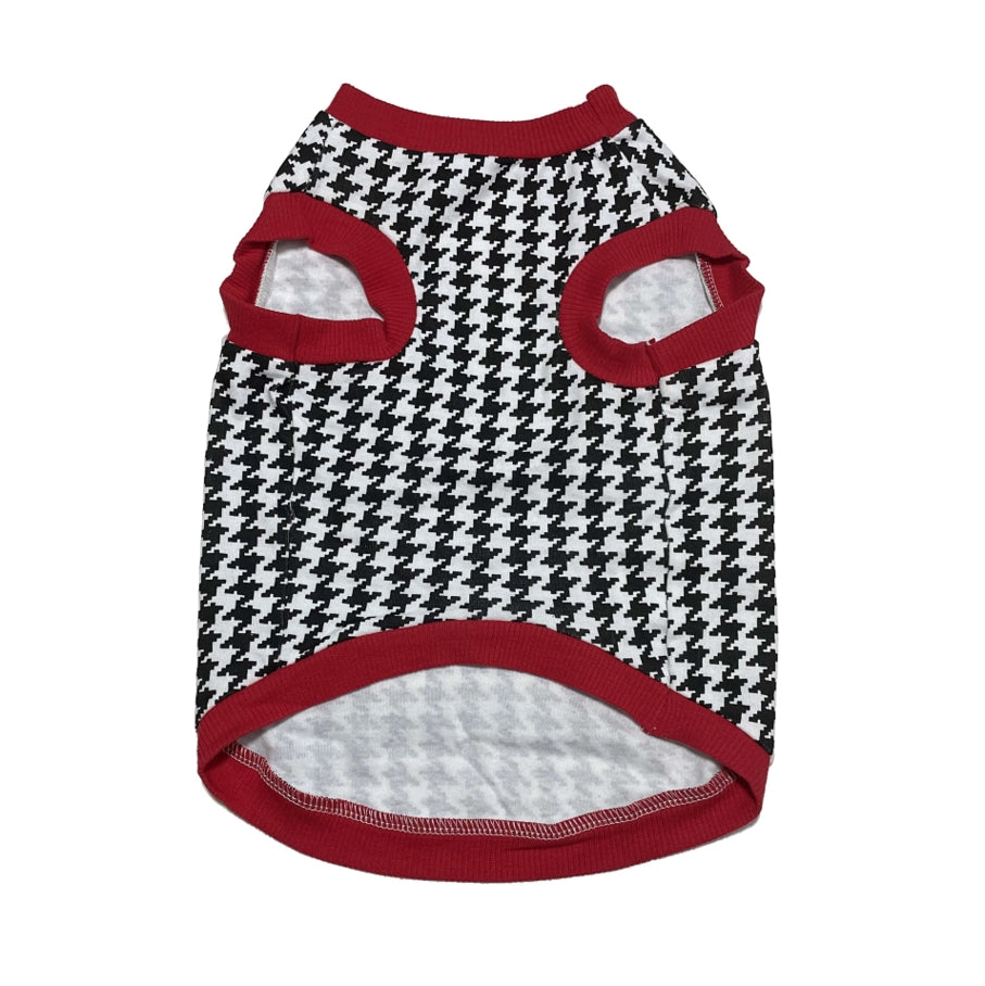 Dog sweater with houndstooth pattern and red accents on a white background