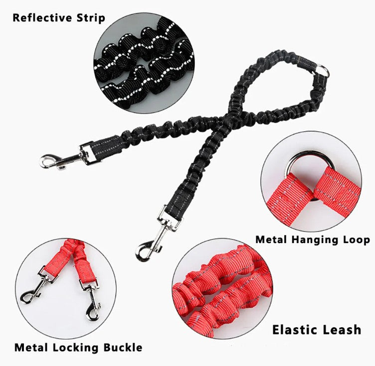 Black and red dog leash with reflective strip, metal hanging loop, metal locking buckle, and elastic leash on a white background.