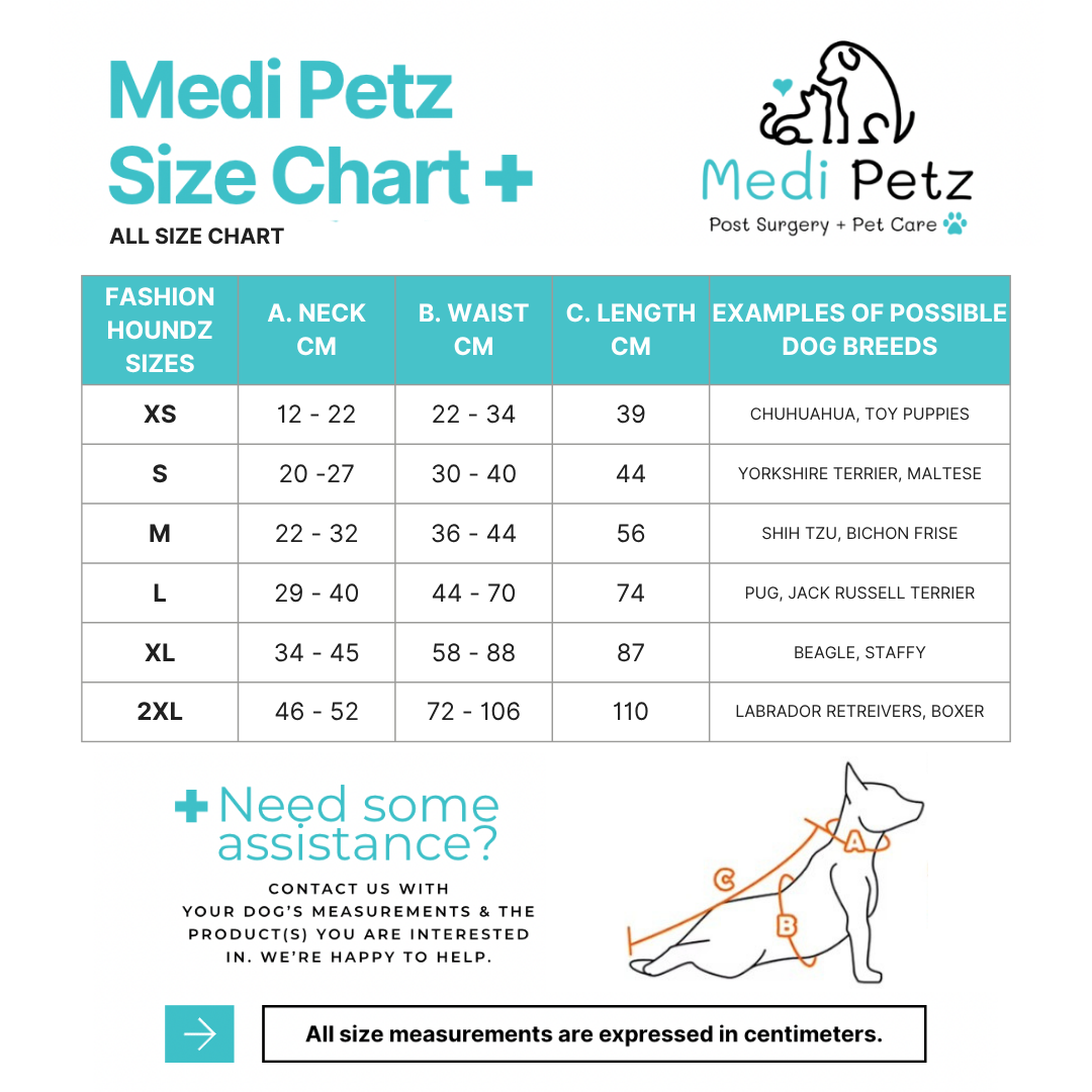 Medi Petz size chart for dog fashion houndz sizes with measurements and examples of breeds.