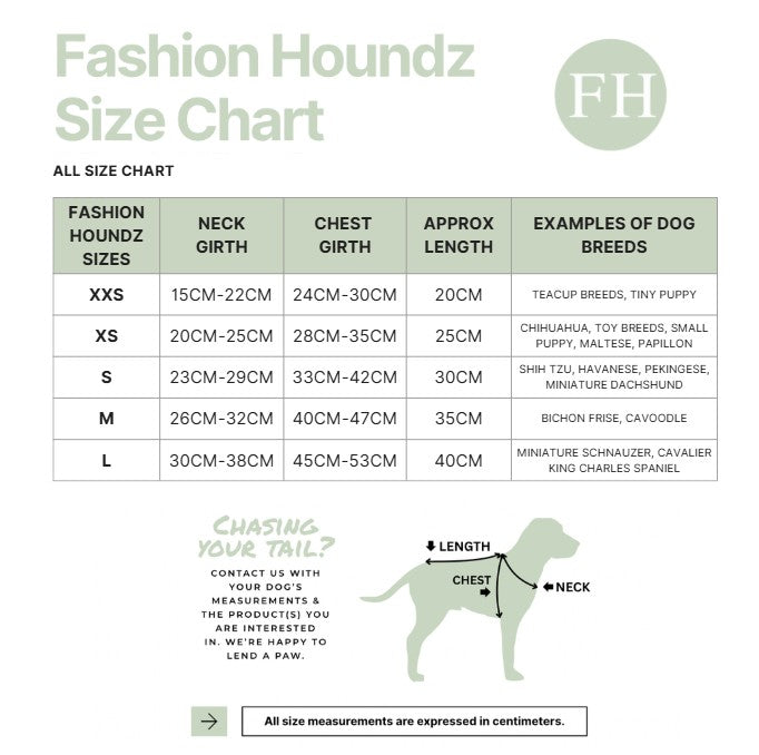 Fashion Houndz size chart for dog clothing with measurements and examples of dog breeds.