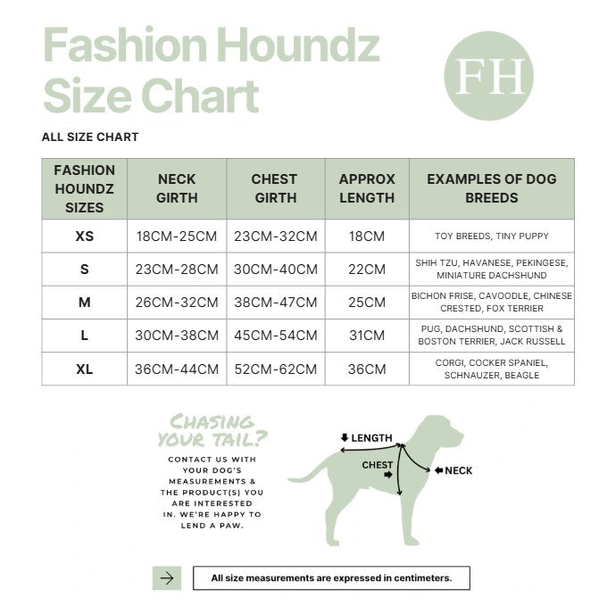 Fashion Houndz size chart for dog clothing with measurements and examples of dog breeds.