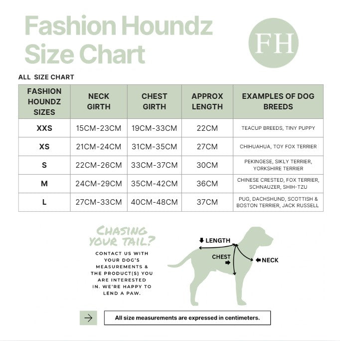 Fashion Houndz size chart for dog clothing with measurements and examples of dog breeds.