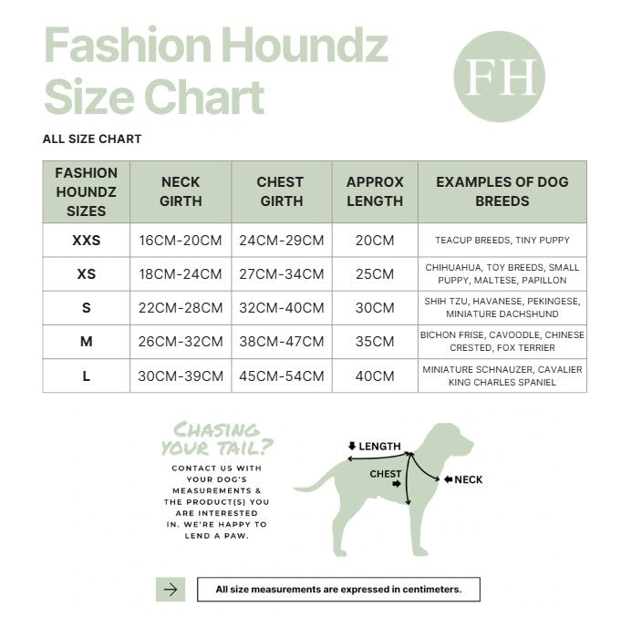 Fashion Houndz size chart for dog clothing with measurements and examples of dog breeds.