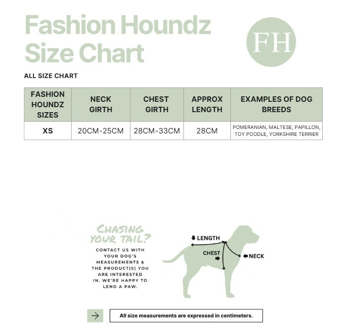 Fashion Houndz size chart for dog clothing with measurements and examples of dog breeds.