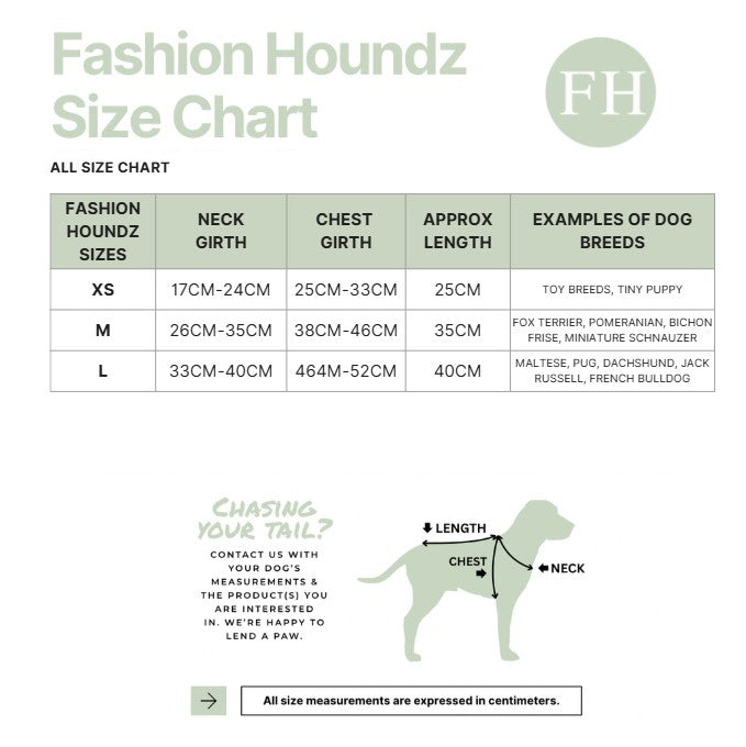 Fashion Houndz size chart for dog clothing with measurements and examples of dog breeds.