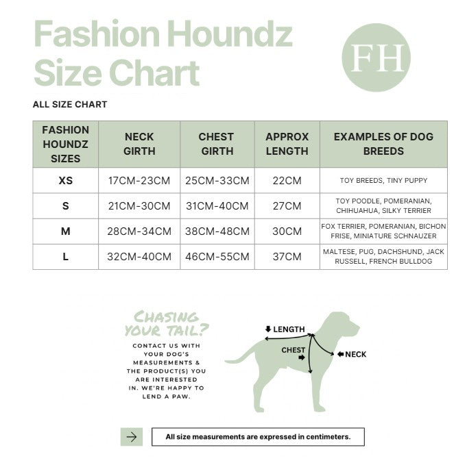 Fashion Houndz size chart for dog clothing with measurements and examples of dog breeds.