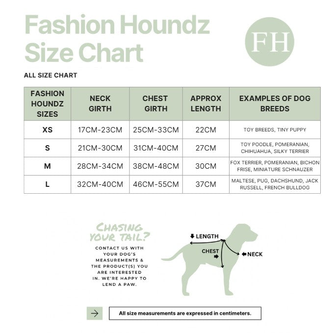 Fashion Houndz size chart for dog clothing with measurements and examples of dog breeds.