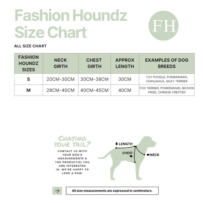 Fashion Houndz size chart for dog clothing with measurements and examples of dog breeds.