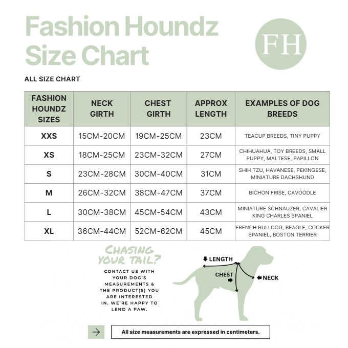 Fashion Houndz size chart for dog clothing with measurements and examples of dog breeds.