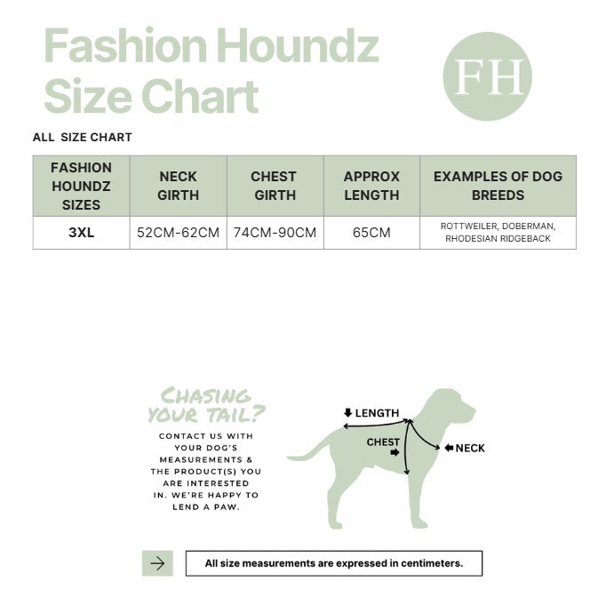Fashion Houndz size chart for dog clothing with measurements and examples of dog breeds.