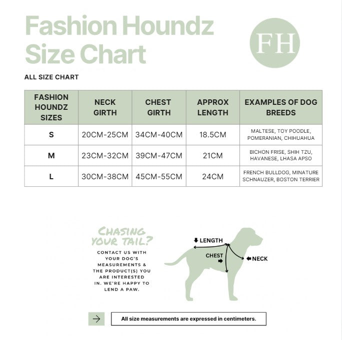 Fashion Houndz size chart for dog clothing with measurements and examples of dog breeds.