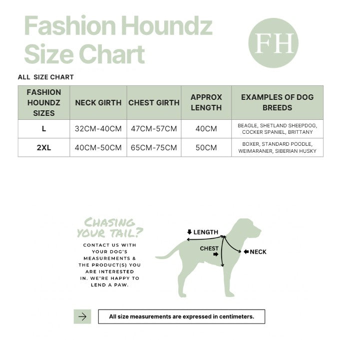 Fashion Houndz size chart for dog clothing with measurements and examples of dog breeds.