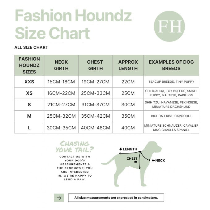 Fashion Houndz size chart for dog clothing with measurements and examples of dog breeds.