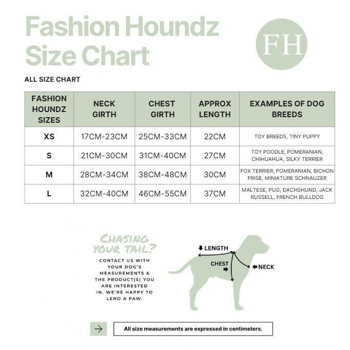 Fashion Houndz size chart for dog clothing with measurements and examples of dog breeds.