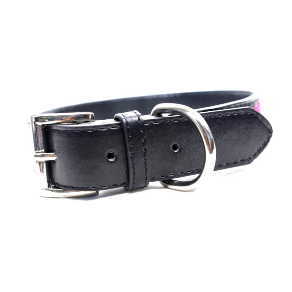 Collar Black Embroidered Pink Hearts