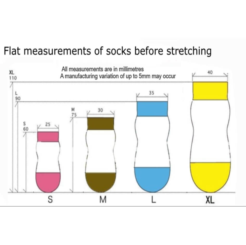 Diagram showing flat measurements of socks before stretching with color-coded sizes S, M, L, and XL.