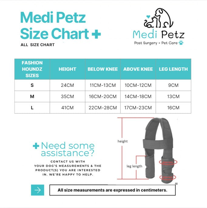 Medi Petz size chart for pet products with measurements in centimeters.