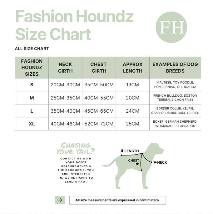 Fashion Houndz size chart for dog clothing with measurements and examples of dog breeds.
