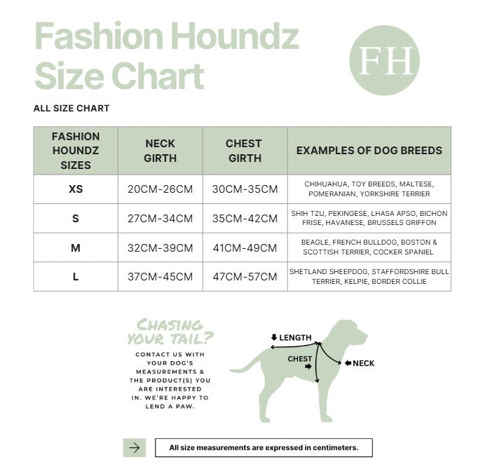 Fashion Houndz size chart for dog clothing with measurements and examples of dog breeds.