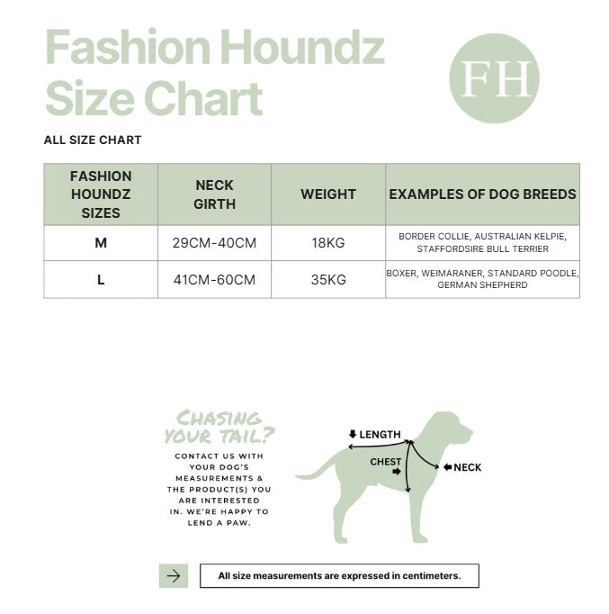Fashion Houndz size chart for dog clothing with measurements and examples of dog breeds.