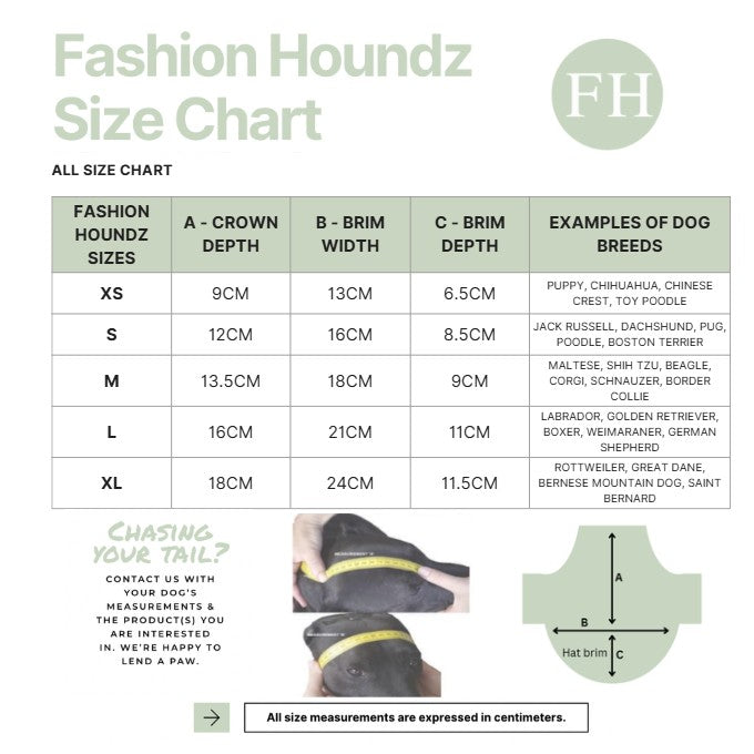 Fashion Houndz size chart for dog hats with measurements and examples of dog breeds.