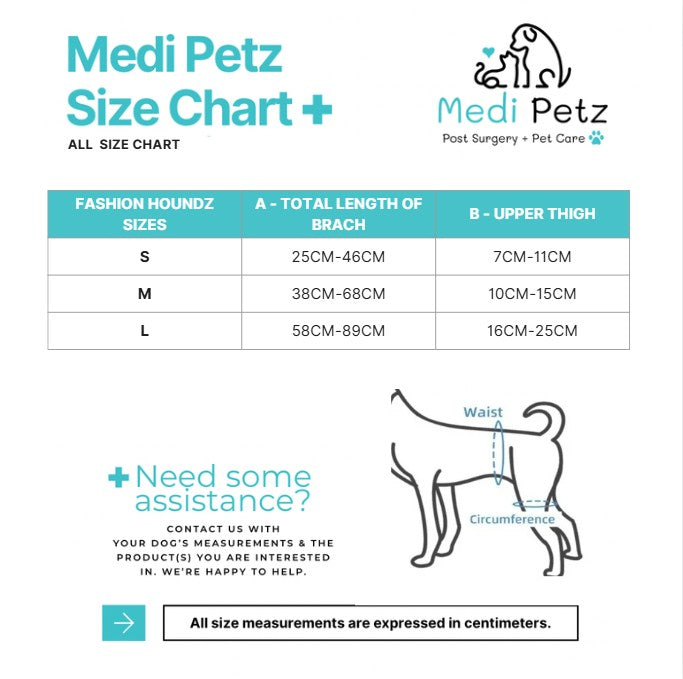 Medi Petz size chart for dog clothing with measurements in centimeters