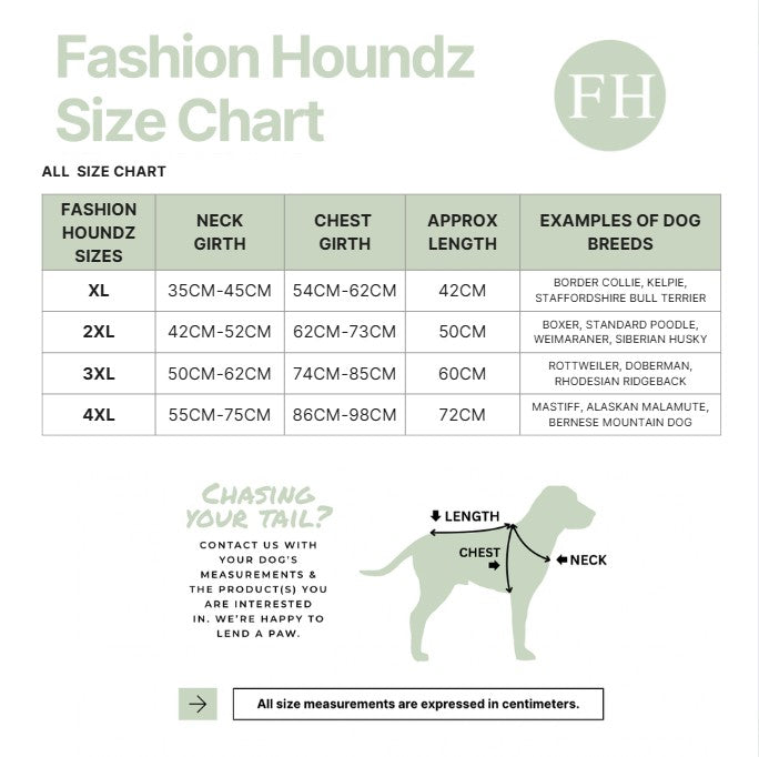 Fashion Houndz size chart for dog clothing with measurements and examples of dog breeds.