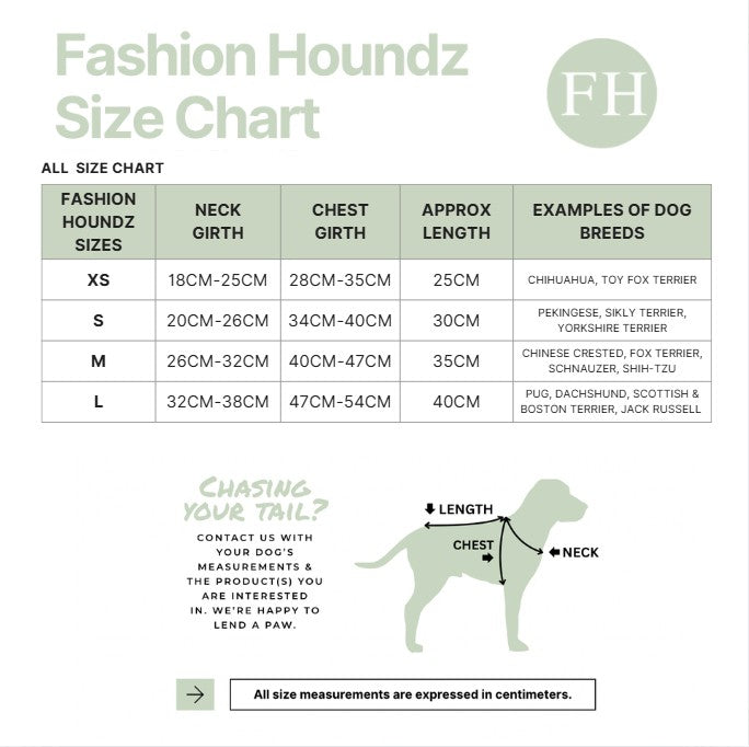 Fashion Houndz size chart for dog clothing with measurements and examples of dog breeds.