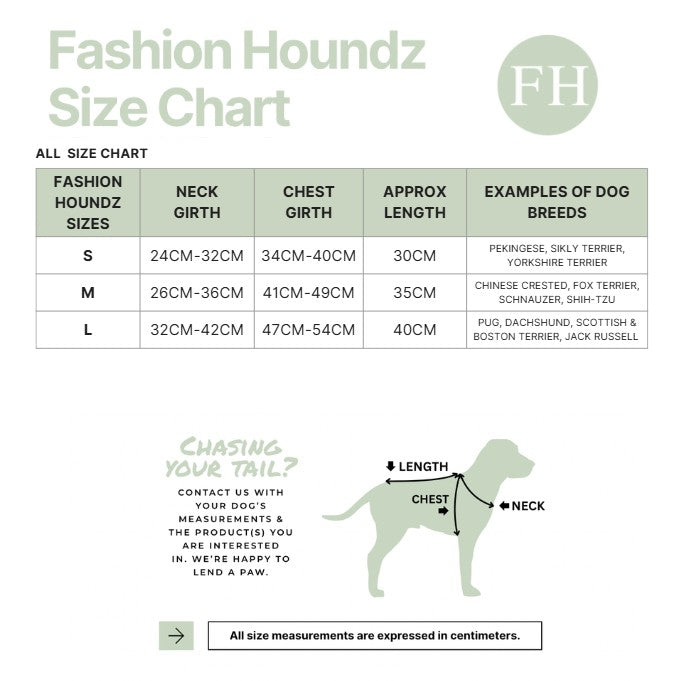 Fashion Houndz size chart for dog clothing with measurements and examples of dog breeds.