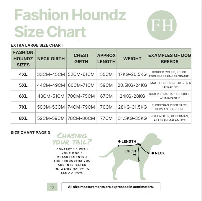 Fashion Houndz size chart for dog clothing with measurements and examples of dog breeds.