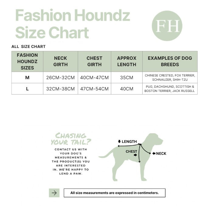 Fashion Houndz size chart for dog clothing with measurements and examples of dog breeds.