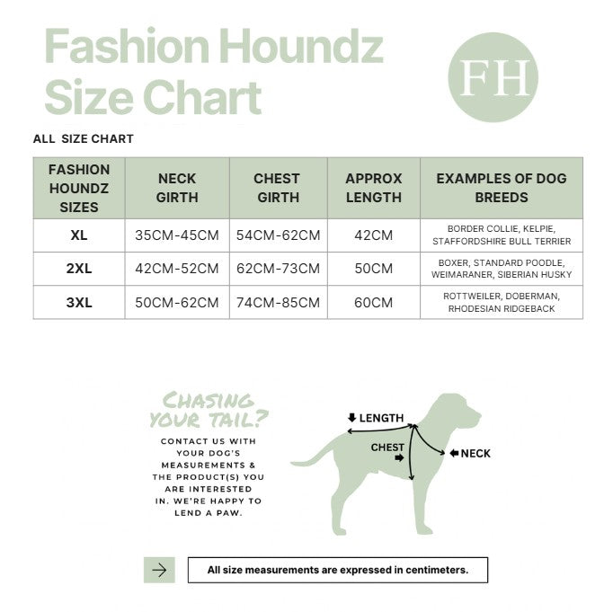 Fashion Houndz size chart for dog clothing with measurements and examples of dog breeds.