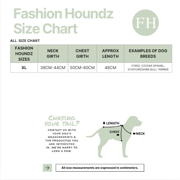 Fashion Houndz size chart for dog clothing with measurements and examples of dog breeds.