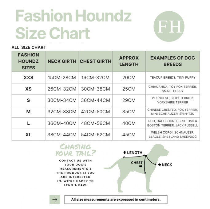 Fashion Houndz size chart for dog clothing with measurements and examples of dog breeds.