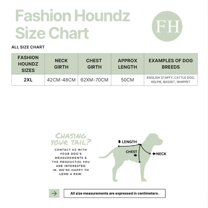 Fashion Houndz size chart for dog clothing with measurements and examples of dog breeds.