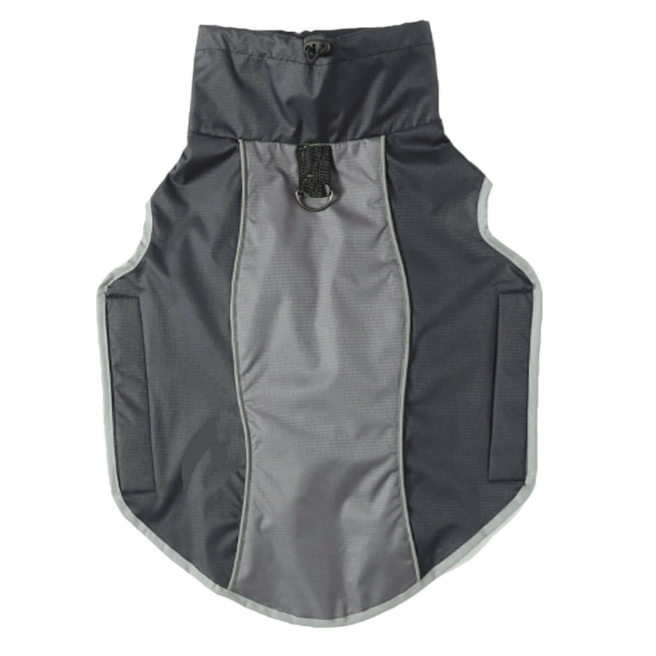 Gray dog vest with reflective stripes on a white background