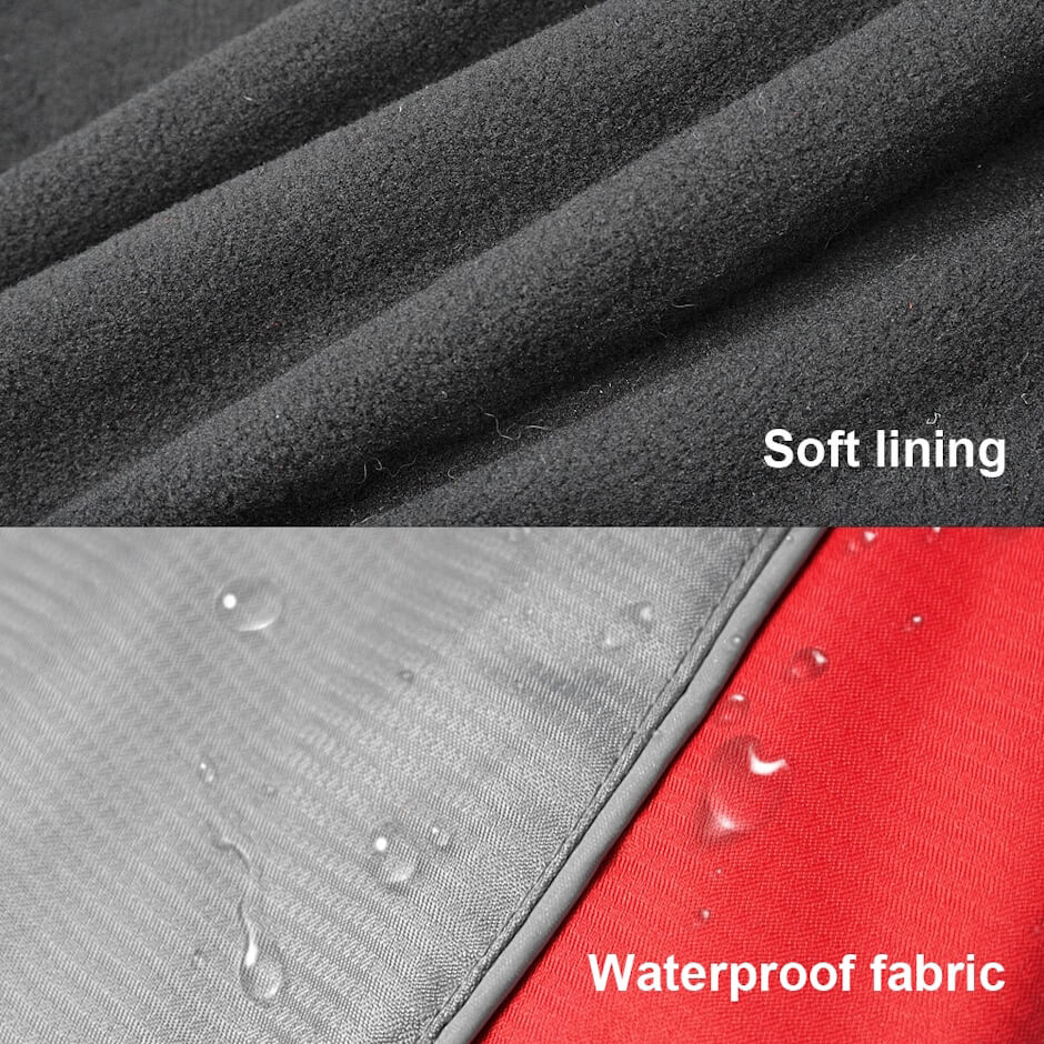 Close-up of soft lining and waterproof fabric with text labels.