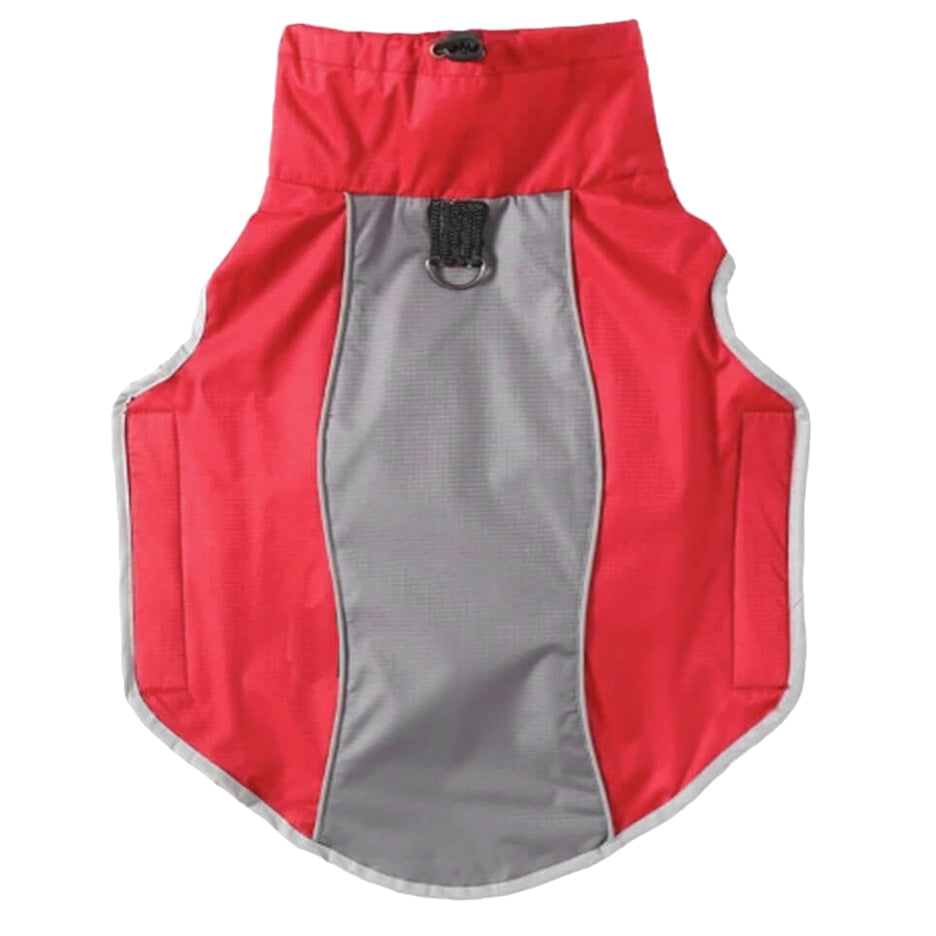 Red and gray dog vest on a white background
