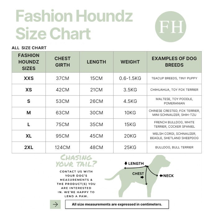Fashion Houndz size chart for dog clothing with measurements and examples of dog breeds.