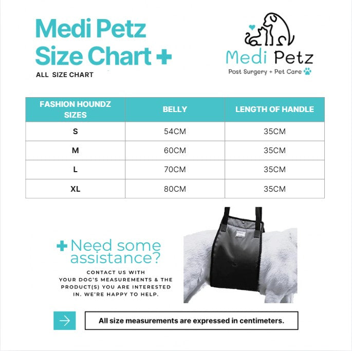 Medi Petz size chart for Fashion Houndz sizes with measurements in centimeters.
