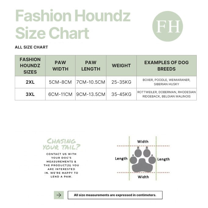Fashion Houndz size chart for dog products with measurements and examples of dog breeds.
