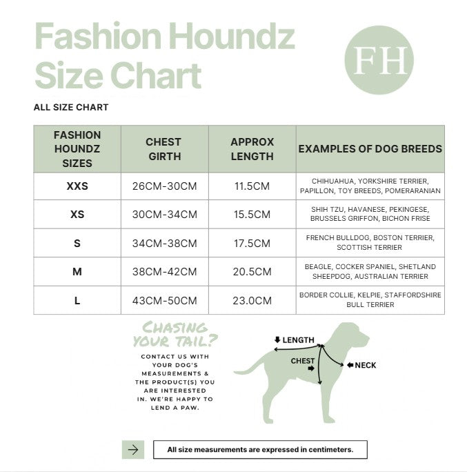 Fashion Houndz size chart for dog clothing with measurements and examples of dog breeds.